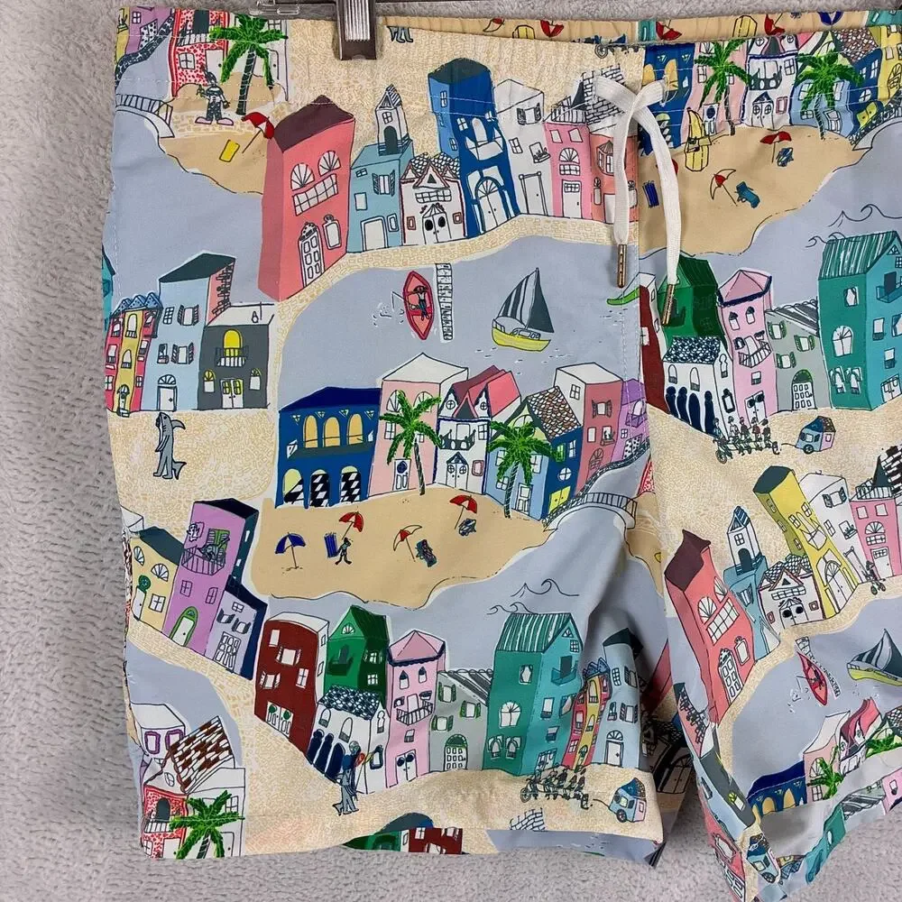 Bather Swim Trunks Mens M (L/XL) Multicolor Beach Scene Drawstring Preppy Summer